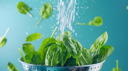 Fresh spinach leaves being washed in a colander, brain-boosting greens, healthy cooking preparation.