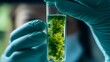 © LAJT - Scientist holding a test tube with green bacteria sample, close-up in a laboratory setting