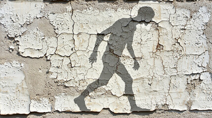 Silhouette of Walking Person Against Cracked Textured Wall in Urban Decay Setting