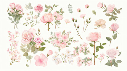  A beautiful variety of pink flowers, including roses and blossoms, illustrated in a soft watercolor style, creating a charming and gentle floral display suitable for decor.