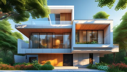 Wall Mural - futuristic 3D illustration of a sleek modern building in a dynamic urban setting