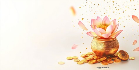 Innovative abstract, banner or poster for Dhanteras with Goddess Maa Lakshmi/ Pot full of golden coins for Indian Dhanteras and Diwali festival celebration.
