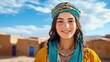 © LOMOSONIC - Authentic Moroccan Berber Woman in Traditional Garments and Jewelry with Desert Village Background
