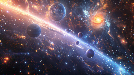 Wall Mural - A breathtaking digital artwork of a vibrant cosmic scene featuring multiple planets orbiting around a brilliant galaxy, showcasing an array of colors and celestial details in an expansive universe.