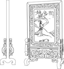 Poster - Vector sketch illustration of the silhouette of a classic vintage ethnic room backdrop partition furniture design full of traditional carvings