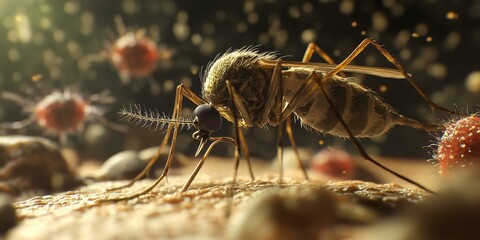 Mosquito landing on skin with bacteria.