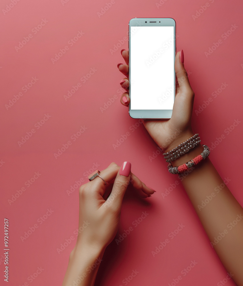 Hand holding modern black mobile smart phone with blank screen on a red ...