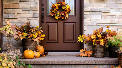 fall autumn wreath with brown bow hanging on dark front door