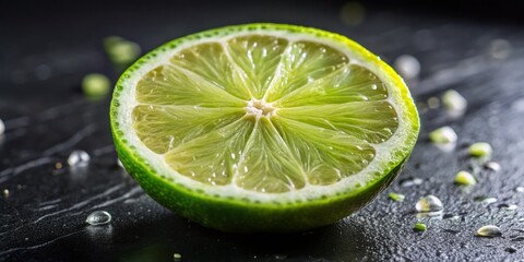 A vibrant lime slice radiates warmth on a dramatic dark background, its juicy pulp and seeds bursting with