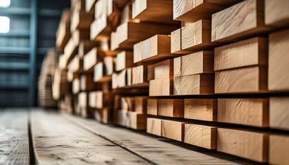 Close-up view of a rustic industrial wooden background featuring stacked timber in a warehouse setting