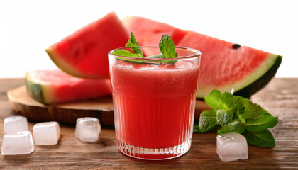 Wall Mural - Tasty watermelon drink in glass, mint and fresh fruits on wooden table, closeup