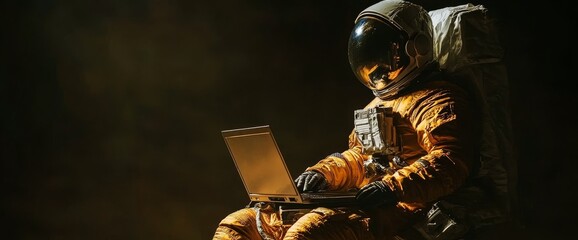 Work from anywhere concept with astronaut working on laptop with spacesuit - created with generative AI