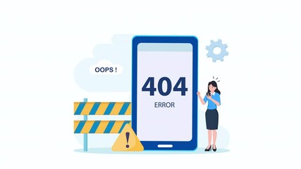 Animation video 2d clip 4k  of 404 error illustration maintenance system technology.