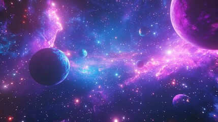 a vibrant cosmic landscape with a large purple planet and swirling nebulae.