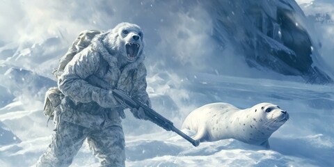 a polar bear hunts a seal in the snow.