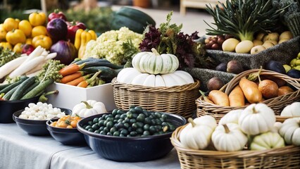 Vibrant display of fresh autumn harvest produce including pumpkins, apples, and vegetables in wicker baskets at a farmers market. A colorful and bountiful scene ideal for seasonal, food, and organic t