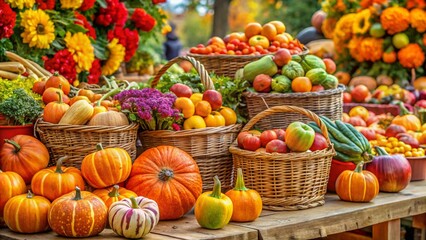 Vibrant display of fresh autumn harvest produce including pumpkins, apples, and vegetables in wicker baskets at a farmers market. A colorful and bountiful scene ideal for seasonal, food, and organic t