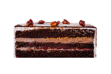 Wall Mural - Delicious chocolate cake with nuts and cherry filling showing its layers