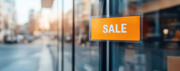 Minimalist sale sticker on a glass storefront, reflecting deep discounts and modern shopping trends, discount symbol, modern retail