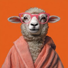 On an orange background, a stylish sheep is wearing sunglasses. Stocke.