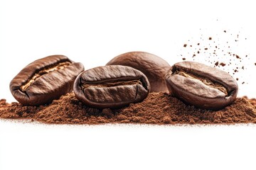 coffee beans with ground coffee on white background