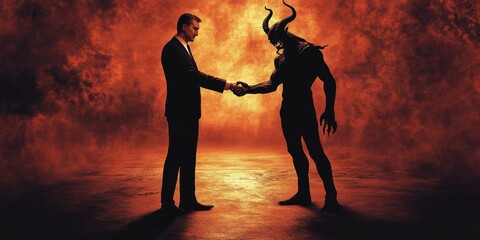 Wall Mural - A man shakes hands with a devil in hell.