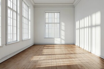 Wall Mural - Modern empty room with wooden floor and large white plain wall background.	
