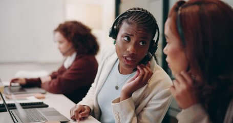 Canvas Print - Call center team, laptop and woman help with client account problem, solution and customer service. Collaboration, telemarketing and agent consulting for advice, faq and question for lead generation