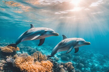 A group of dolphins swimming in colorful underwater scenery, created by stock