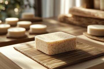 A natural handmade soap bar elegantly displayed on a bamboo mat in a serene setting, ideal for wellness and self-care themes.