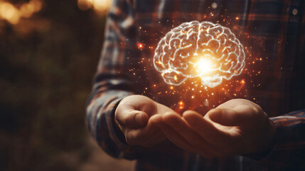 Leinwandbilder - Businessman is holding a glowing polygonal brain, representing artificial intelligence and new technologies