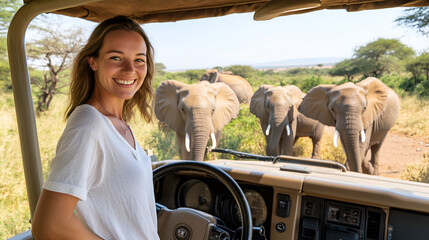 a woman standing in a safari vehicle safari drive with elephants travel summer