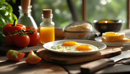 Culinary Delight: Breakfast Creation with Fresh Ingredients Illuminated by Natural Light