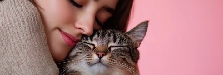 Wall Mural - A woman lovingly embraces a content cat against a soft pink background.