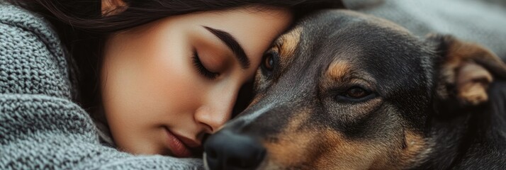 Wall Mural - A woman rests her head against a dog, showcasing a moment of affection and companionship.