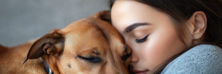 Canvas Print - A woman peacefully embraces her dog, showcasing a bond of love and comfort.