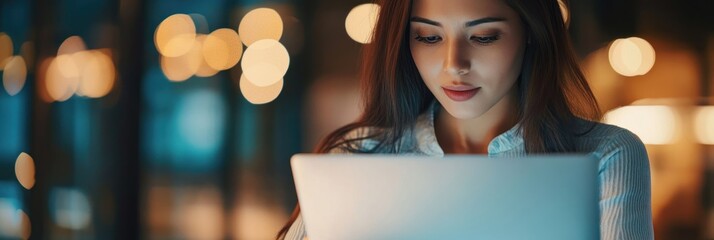 Poster - A young woman focused on her laptop in a cozy, dimly lit environment.