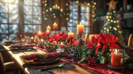 Wall Mural - A beautifully set dining table. The table is decorated with candles, red poinsettias and a tablecloth. The table is set for Christmas dinner.