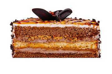 Wall Mural - Delicious chocolate cake with caramel and chocolate chips being isolated on white background