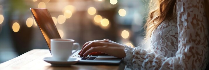 Wall Mural - A person typing on a laptop with a coffee cup in a cozy, softly lit environment.