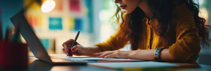 Wall Mural - A woman writing notes at a desk with a laptop, focused on her work in a creative space.