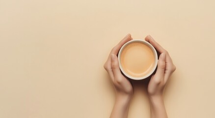 Wall Mural - Two hands holding a small bowl of creamy beverage against a soft, neutral background.