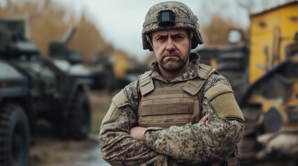 Wall Mural - Military Soldier in Full Gear Amidst Armored Vehicles in Autumn Landscape for Defense Illustrations and Print Designs