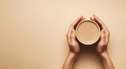 Sticker - A pair of hands holding a cup of coffee on a minimalist background.