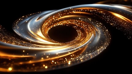 3d render abstract spiral design with shiny golden twiste3d chain isolate3d on black background