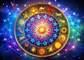 Colorful illustration of twelve zodiac signs, each represented by its symbol and corresponding dates, arranged in a