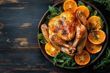 roasted whole turkey in a plate with sliced roasted oranges and herbs on a dark rustic wooden background, top view