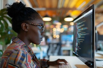 an african american woman programmer coding on a computer in her office.