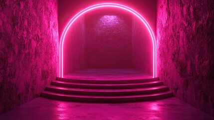 Wall Mural - 3d render abstract trendy background with glowing neon light bright pink shiny arch over empty stage cylinder platform blank fashion podium mockup for product displaying