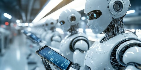 Poster - Row of robots holding tablets in a factory.